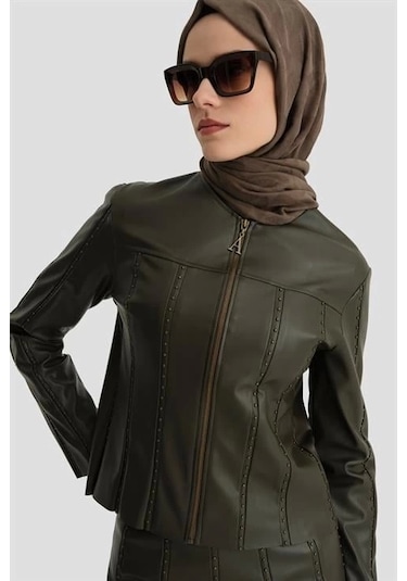 Armine Trok Biyeli Deri Ceket 24k5716 Haki Haki