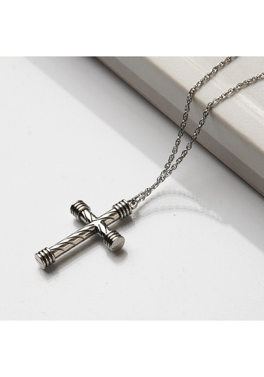 Çizgi Desenli Silindir Haç Işareti Erkek Kolye Çelik Takı K24 T5 Çelik