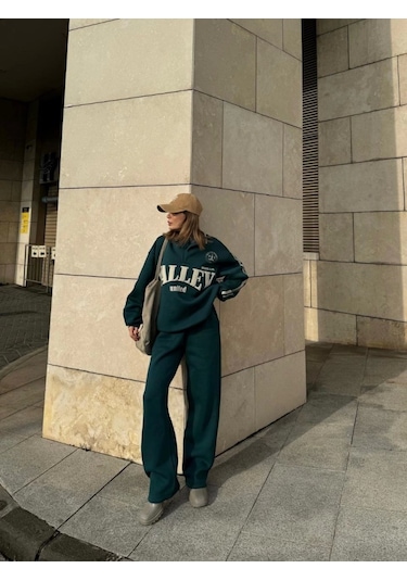 Reka Moda Üç İplik Yakalı Sweat Baggy Pantalonlu Takım - Yeşil Yeşil