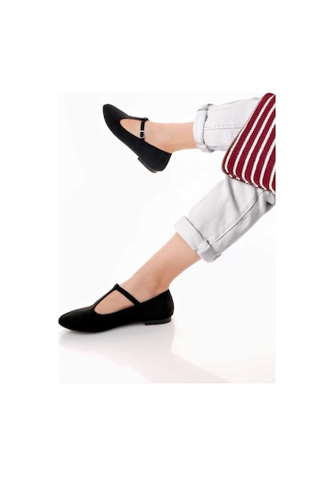 Siyah Süet T-strap Mary Jane Tasarım Babet Siyah Süet