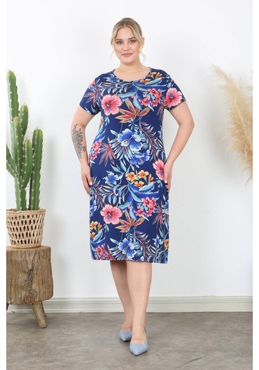 Kadın Lacivert Pembe Tropikal Desen Midi Elbise Lacivert