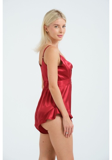 Laperissa Kadın Kırmızı Saten Tulum Fırfır Ve Lastik Detaylı, Askılı, Şık Ev Giyim Ve Gece Stili Kırmızı