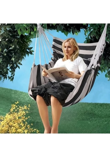 Elmpaly Büyük Siyah Çizgili Hamak Sandalye Dayanıklı Kumaş Kamp Sarkıt Salıncak Keyifli Outdoor Abanoz - Beyaz Elmpaly Büyük Siyah Çizgili Hamak Sandalye Dayanıklı Kumaş Kamp Sarkıt Salıncak Keyifli Outdoor Abanoz - Beyaz