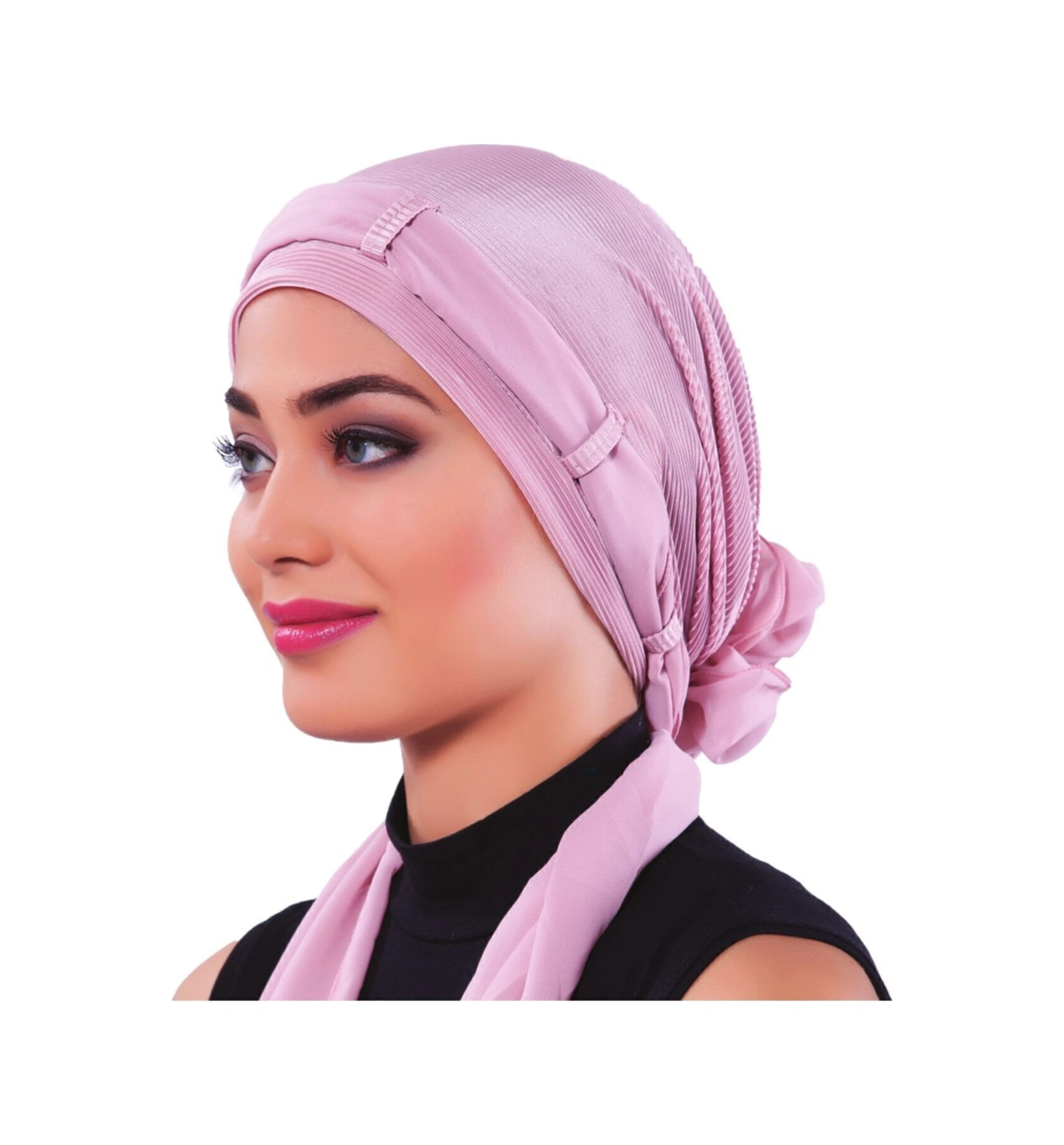 Plise Fularlı Arkası Şifon Incili Çiçek Aksesuarlı Pudra Hazır Türban Tesettür Bone Pudra