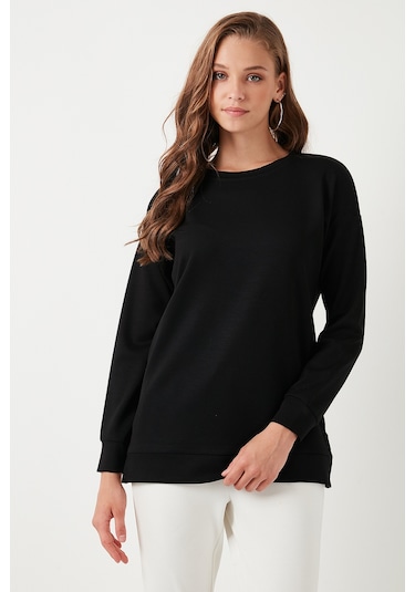 Lela Streç Oversize Fit Bisiklet Yaka Modal Kumaş Bayan Sweat 5865877 Siyah