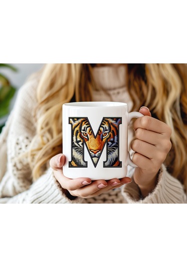 M Harfi Kaplan Figürlü Nakış Desenli Kupa Bardak - Kişiye Özel Vahşi Hayvan Desenli Kupa - Hediye Beyaz