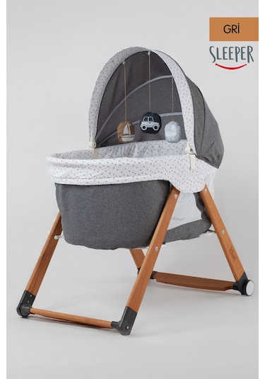 Kiwi Sleeper Anne Yanı Beşik, Portatif, Sallanır, Katlanır, Tekerlekli Bebek Beşiği - Luna Desen Gri