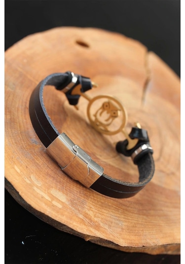 Gold Renk Baykuşlu Metal Aksesuarlı Siyah Renk Deri Erkek Bileklik Çok Renkli