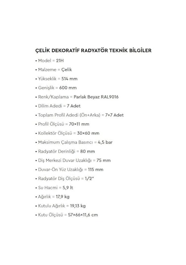 Radiva - Tip 21h Dekoratif Radyatör 514x600 Beyaz  - 221h05140600b1ps-