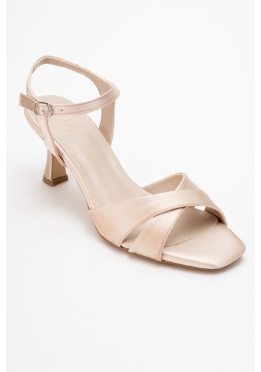 Melin Bej Saten Çapraz Bantlı Kadın Topuklu Ayakkabı Bej Saten