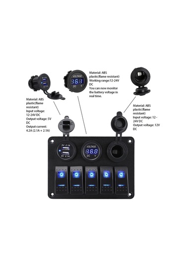 Xuweiwei 12-24v 5 Gruplu Yeşil Deniz Rocker Anahtar Paneli Çift Usb 42a Led Voltaj Ölçer Araç Fişi Araba Karavan Tekne Atv Utv Kamyon