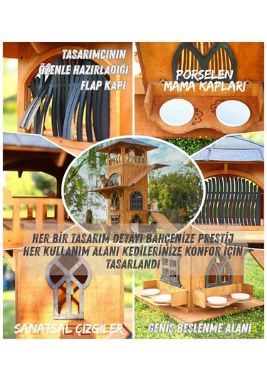 Mandu Ahşap 4 Katlı Teraslı Kedi Evi Tırmalama + Mama Kaplı