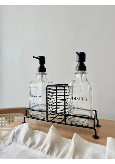 Qerhome Metal Standlı 2 Li Cam Sabunluk Seti İkili Sabunluk Set Standlı Sabunluk Siyah Siyah