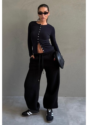 Siyah Geniş Paça Rahat Kalıp Lastikli Eşofman Altı Mg2581 SiYAH