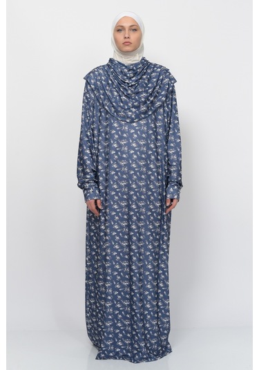 Pratik Tek Parça Çiçek Desenli Kollu Tak Çıkar Başörtülü Likralı Tesettür Namaz Elbisesi 990-0201 Lacivert Antrasit