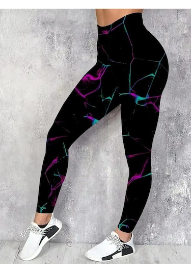 Kadın Yüksek Bel Renk Detaylı Dalgıç Tayt Desenli