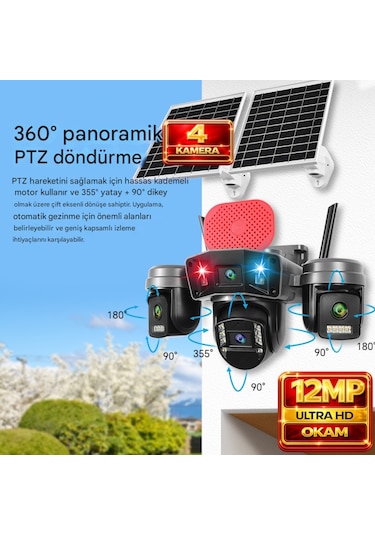 O-kam Ok336 Premium Serisi 12mp 4 Kameralı 4g Çift Solar Panel Gece Görüş 1 Yıl +128gb Hafıza