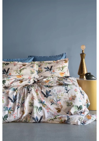 İssimo Home Claude %100 Pamuk Saten Çift Kişilik Nevresim Takımı Krem - Mavi