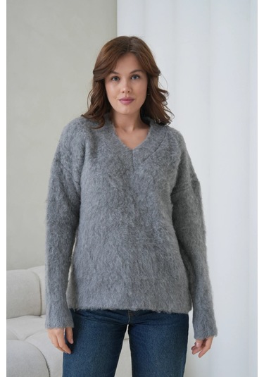 Kadın V Yaka Sakal Dokulu Şardonlu Oversize Triko Kazak 8695 Antrasit