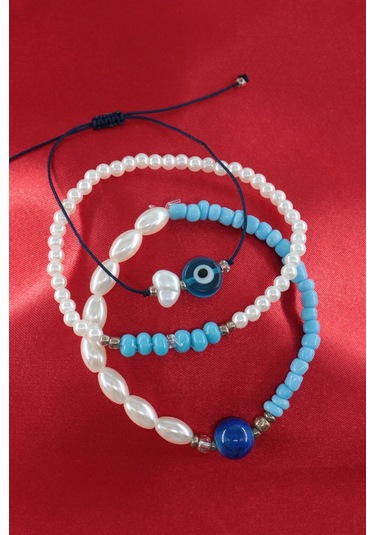 3lü Nazar Boncuklu İncili Boncuklu Asansörlü Lastikli İp Bileklik. Kadın İp Bileklik Halhal Çok Renkli