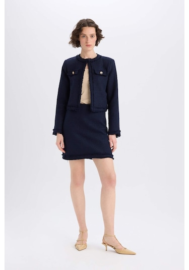 DeFacto 	A Kesim Yüksek Bel Basic Düz Tweed Mini Etek D2870AX25SPNV28 Lacivert