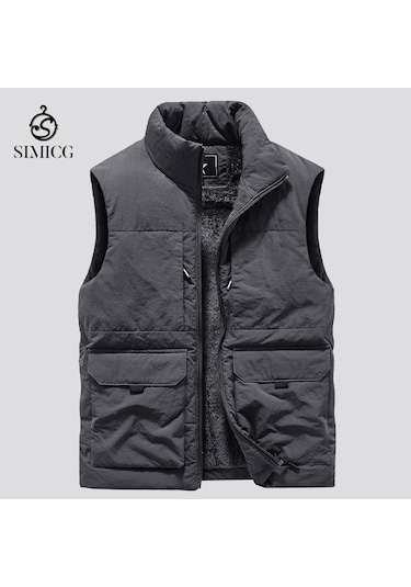 Kalın Polar Retro Çok Cepli Dik Yaka Erkek Yeleği... Gri