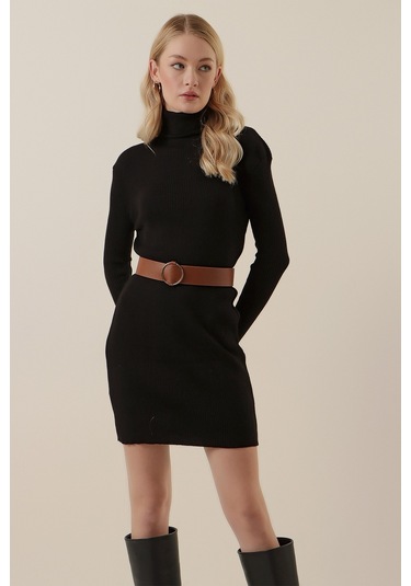 15797 Balıkçı Yaka Triko Elbise - Siyah 001