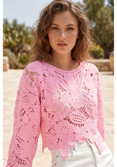Sayzen Your Shine Dantel Işleme Crop Bluz Sy-shn04 Pembe