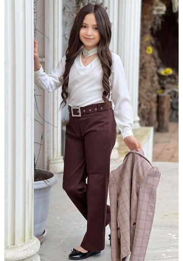 Riccotarz Kız Çocuk Yakası Açık Ve Taş Detaylı Bluz Ekose Çizgi Blazer Ceket Kemerli Kahverengi Alt Üst Takım Kahverengi Riccotarz Kız Çocuk Yakası Açık Ve Taş Detaylı Bluz Ekose Çizgi Blazer Ceket Kemerli Kahverengi Alt Üst Takım Kahverengi