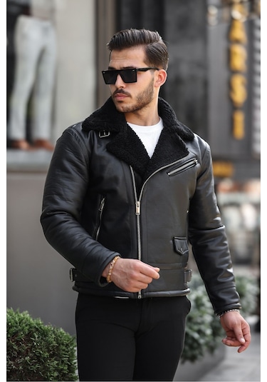 Erkek Napa Deri Çapraz Fermuarlı İçi Full Kürklü Yüksek Kalite Slim Fit Siyah Mont & Ceket Siyah
