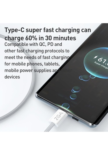 Zga Cb06 60w Tip-c Tip-c Hızlı Şarj Örgülü Veri Kablosu, Uzunluk: 1m Beyaz