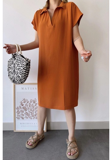 Kadın Kiremit Kısa Kol, Polo Yaka, Dokulu Desen, Basic Kalıp/kesim, Aerobin Rahat Midi Elbise Kiremit