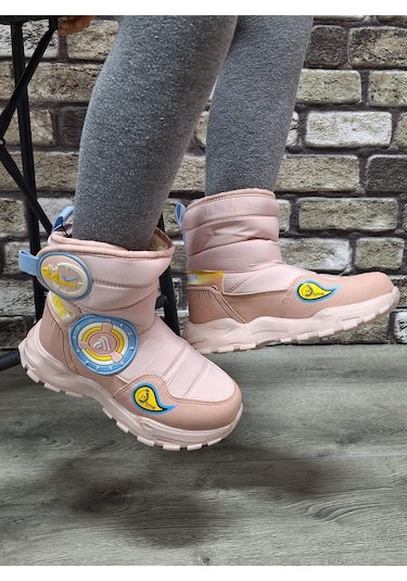 İçi Kürklü Kaydırmaz Kauçuk Taban Su Geçirmez Çocuk Kar Botu Pudra