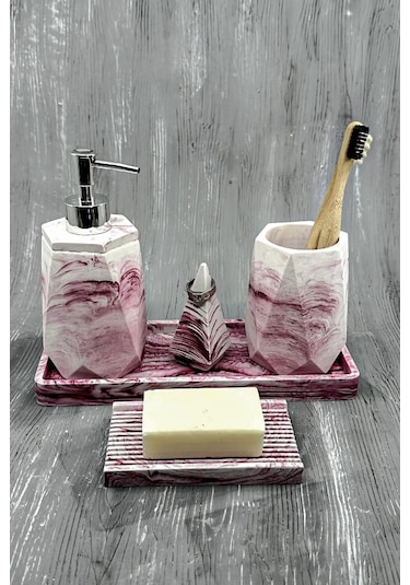 Betonmall 6'lı Mermer Desenli Beton Banyo Seti Çöp Kovalı Gri