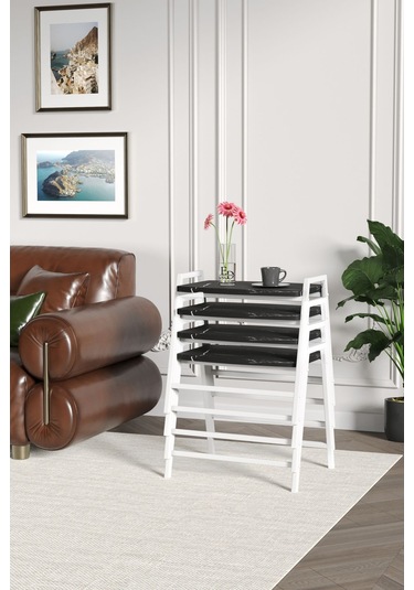 Zigon Sehpa , Aden 4'lü Tepsi Zigon Sehpa Takımı Beyaz Metal - Siyah Mermer Tabla Beyaz-siyah Mermer