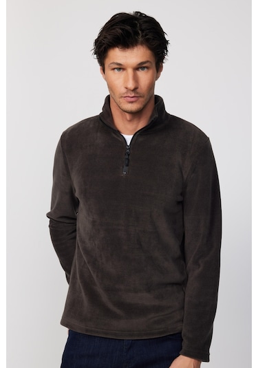 Tudors Erkek Dik Yaka Tüylenme Yapmayan Soğuk Geçirmez Standart Fit Rahat Kesim Füme Polar Sweatshirt-30136-füme Füme