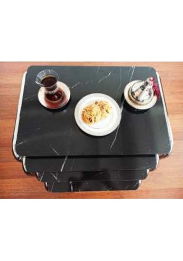 Zigon Sehpa Nikelaj Kaplama Metal Ayaklı Siyah Mermer Desen (540935862)