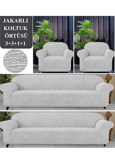 Upmall Jakarlı Koltuk Kanepe Kılıfı Çekyat Örtüsü 3+3+1+1  Krem