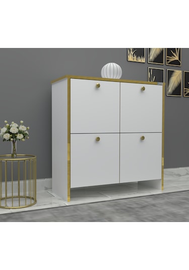 %100 Mdf 2 Kapaklı Küp Altın Sarısı Desenli Gövdeli Ayakkabılık Beyaz