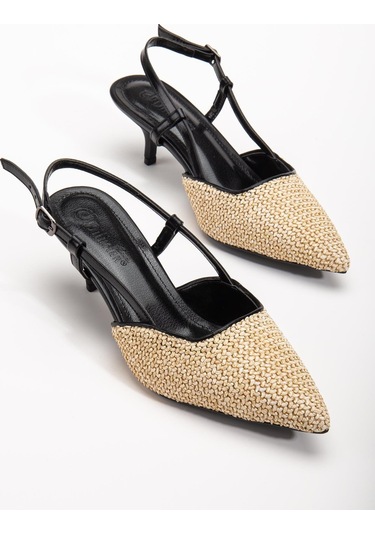 Kadın Kısa Topuklu Ayakkabı Siyah Hasır Malzeme İnce Topuk Yan Direkli-3794 Siyah