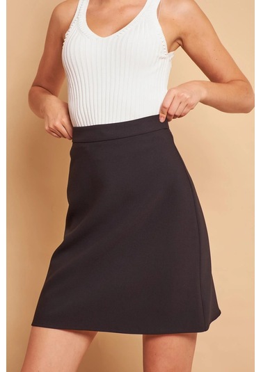 Yüksek Bel Hafif Likralı Kumaş Diz Boy Çan Etek-siyah Siyah