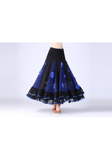 Sones Pullu Çiçek Salıncak Modern Dans Eteği Kraliyet Mavisi Siyah - Mavi