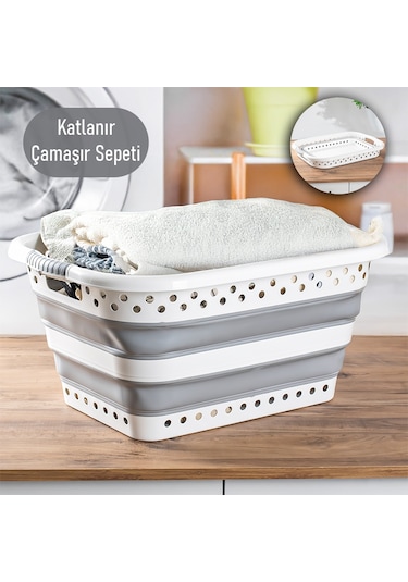 Porsima 565 Katlanabilir Çamaşır Sepeti Akordiyon Katlanır Sepet Mega Boy Katlanır Çamaşır Sepeti 41lt Beyaz