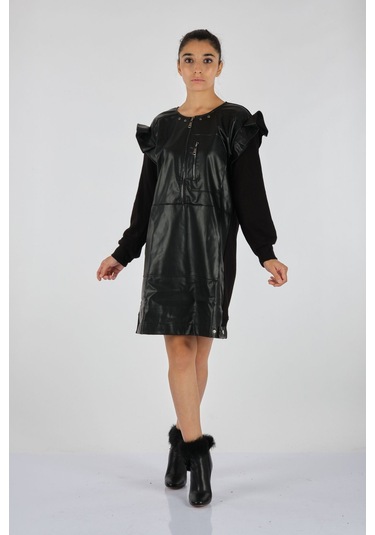 Unique Mode Minimalist Uzun Kol Midi Deri Elbise - Günlük Şıklık Siyah