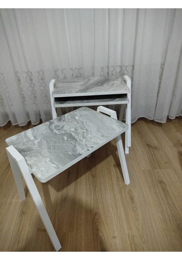 Zigon Sehpa 3'lü Mermer Desenli Tepsi Model Gri Mermer Desen Beyaz Ayak Gri Mermer