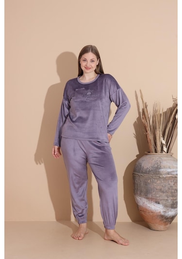 Boyraz Kadın Kışlık Fransız Kadife Büyük Beden Bisiklet Yaka Uzun Kol Pijama Takımı 03139 - 1 Adet Açık Mor