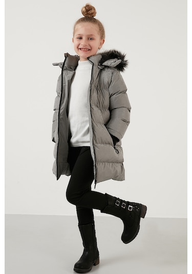 Lela Yakası Suni Kürklü Peluş Astarlı Çıkarılabilir Kapüşonlu Dar Kesim Kışlık Kız Çocuk Mont 5760002 Silver
