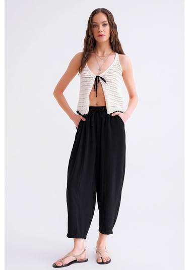 4307 Kadın Beli Lastikli Parçalı Şalvar Pantolon Siyah Siyah
