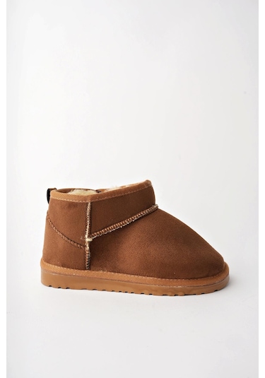 Muggo Snow Garantili Unisex Çocuk Kalın Taban İçi Tüylü Günlük Mini Yarım Bot Taba
