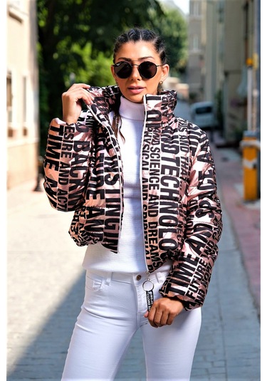 Kadın Rose Rengi Parlak Yazılı Dik Yaka Su Geçirmez Kısa Şişme Mo